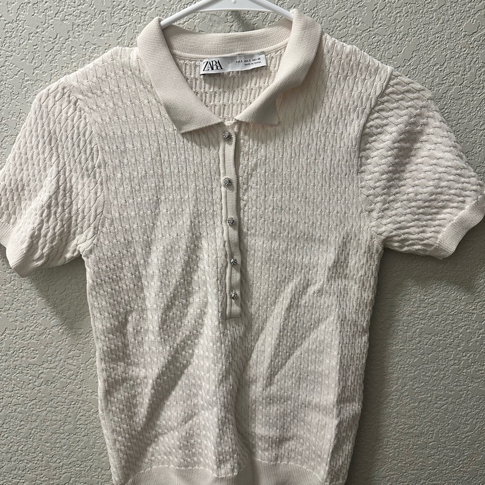 Zara Cream Short Sleeve Polo Top
